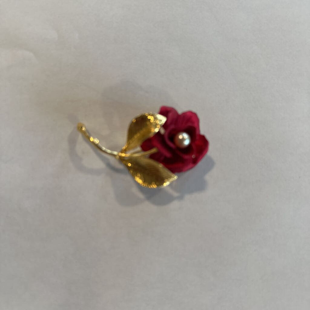Vintage Signed Cerrito Red Enamel Rose Brooch Pin Genuine Pearl Accent Gold Tone