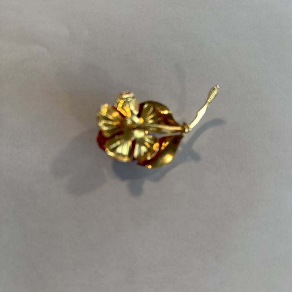 Vintage Signed Cerrito Red Enamel Rose Brooch Pin Genuine Pearl Accent Gold Tone