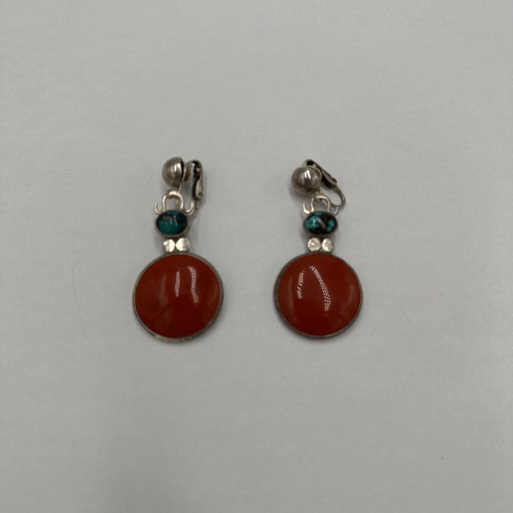 Signed MAN Navajo Sterling Silver Red Jasper & Turquoise Clip On Earrings