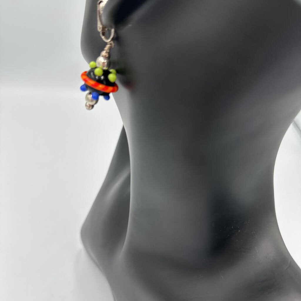 Murano Lampwork Glass UFO Space Age Clip On Earrings Saturn