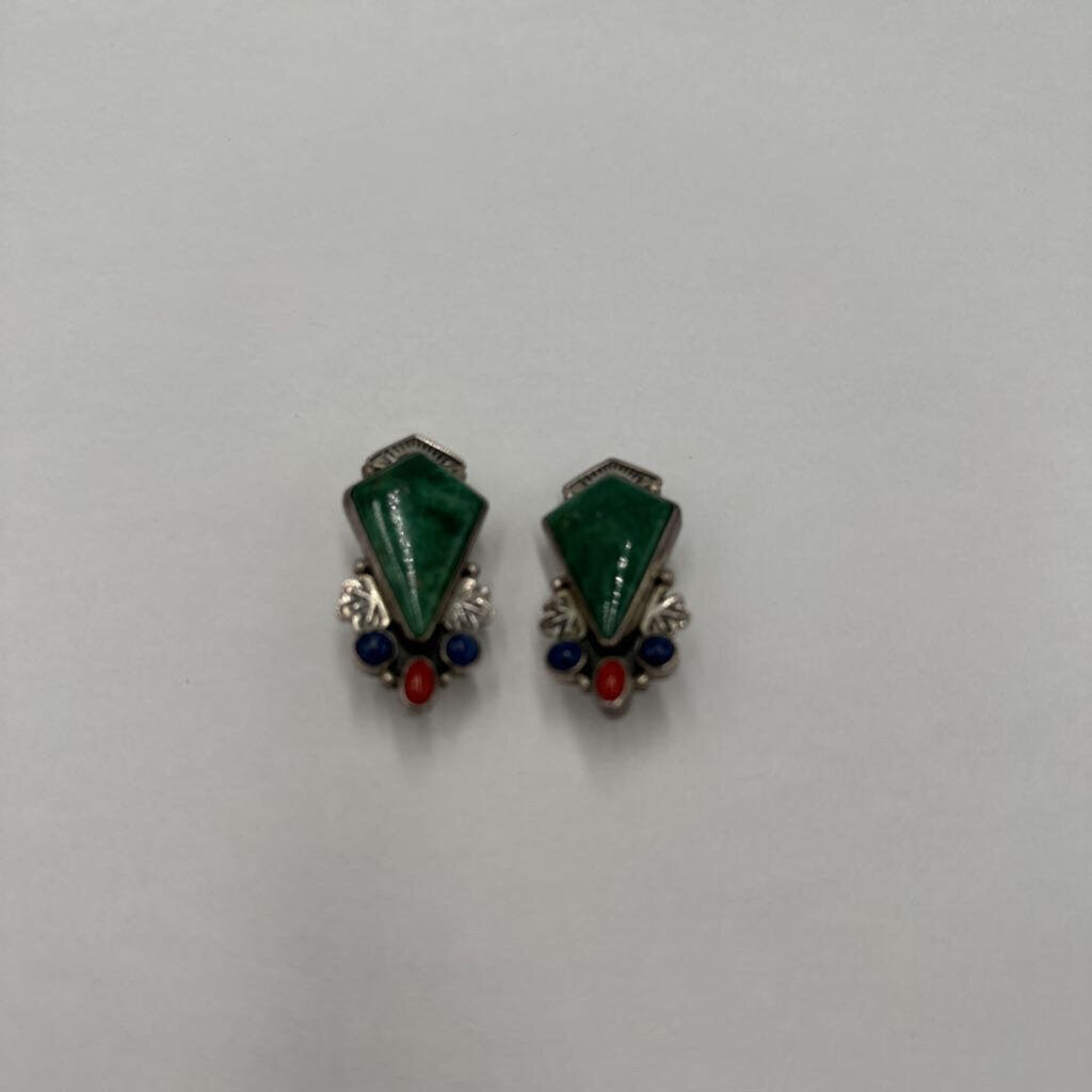 Signed REVE Sterling Silver Green Aventurine Lapis & Coral Clip On Earrings