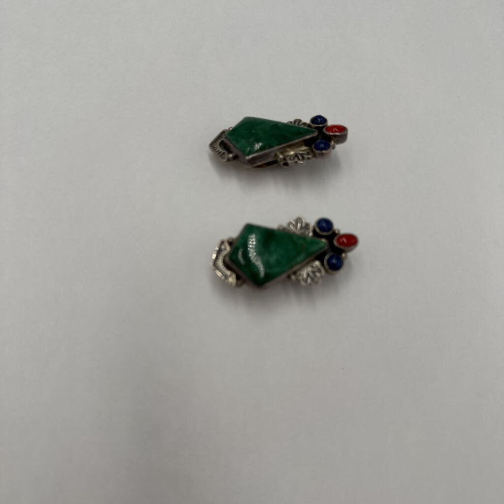 Signed REVE Sterling Silver Green Aventurine Lapis & Coral Clip On Earrings