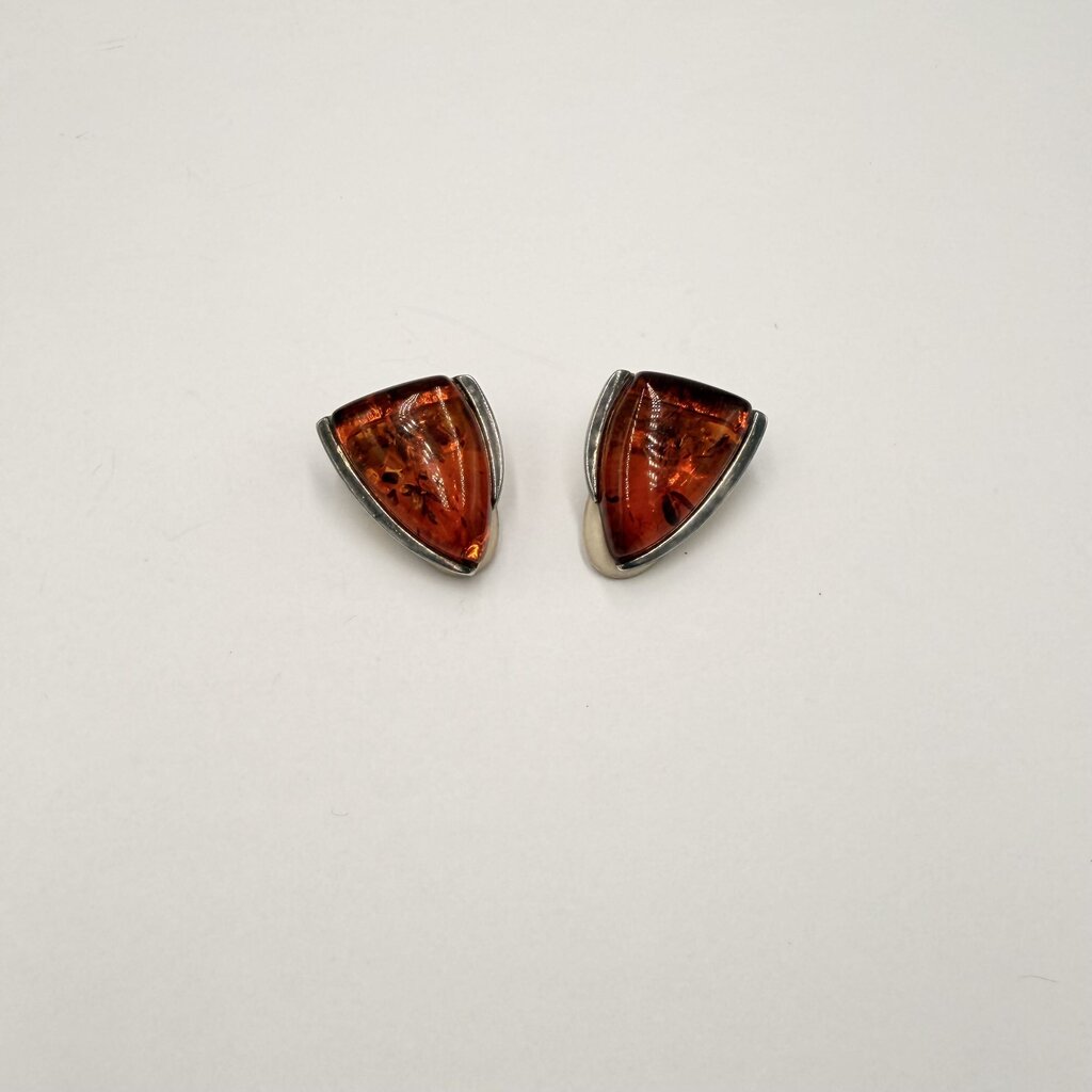 Natural Baltic Amber Trilliant Cabochon Triangle Geometric Ear Clips