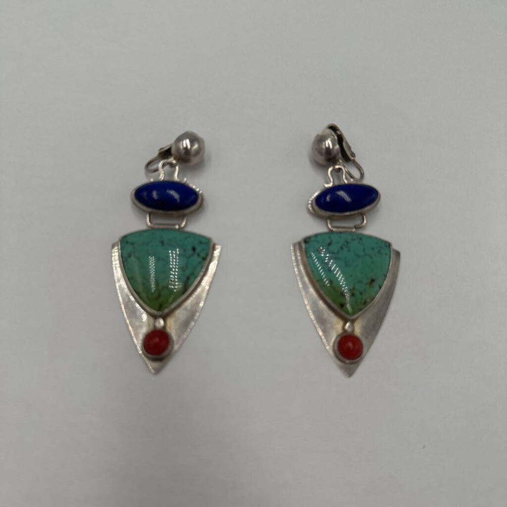 Signed MAN Navajo Sterling Silver Matrix Turquoise & Lapis Clip On Earrings