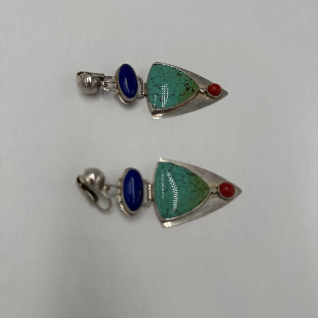 Signed MAN Navajo Sterling Silver Matrix Turquoise & Lapis Clip On Earrings