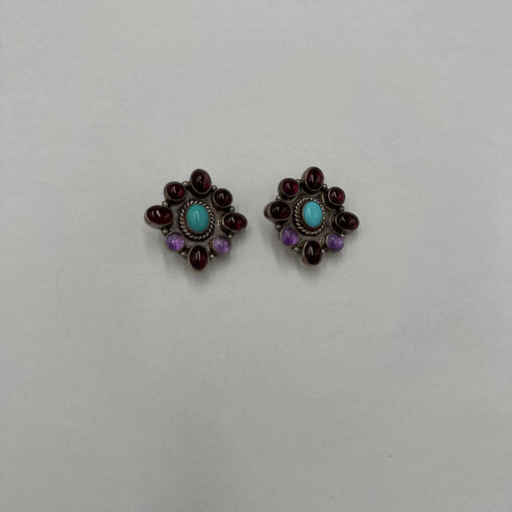 Vintage G & G Nakai Sterling 925 Multi-Gemstone Halo Statement Ear Clips