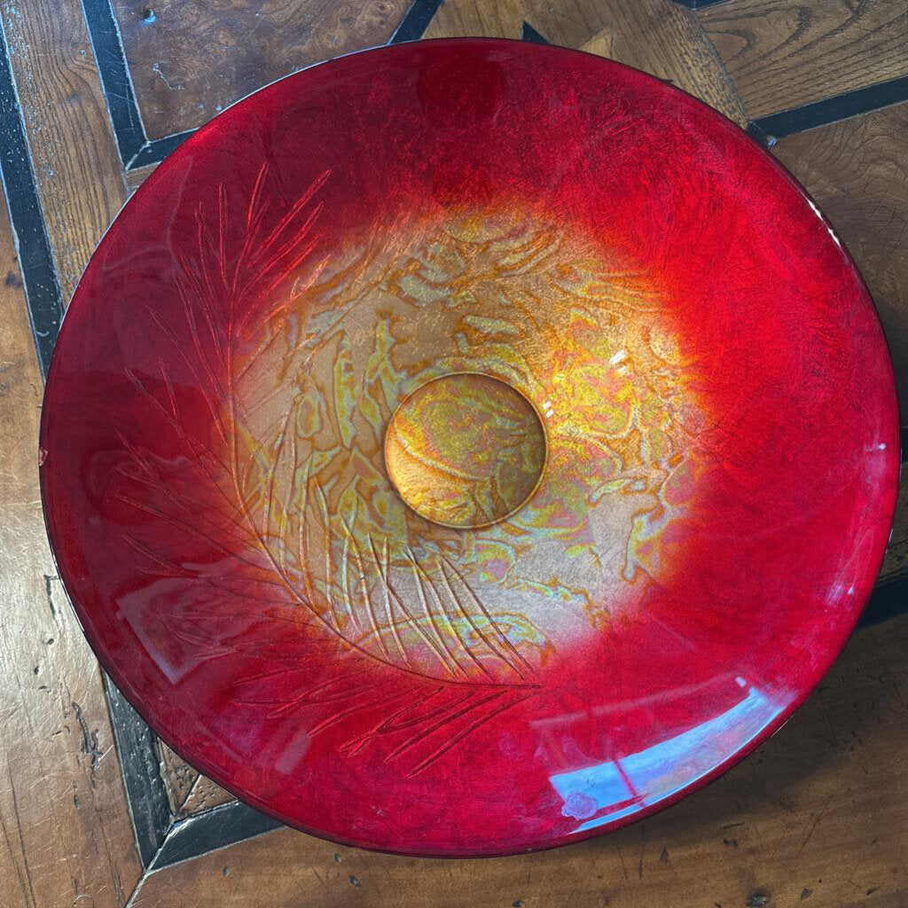 Italian Red & Amber Glass Bowl W/ Fern Detail - 17X4