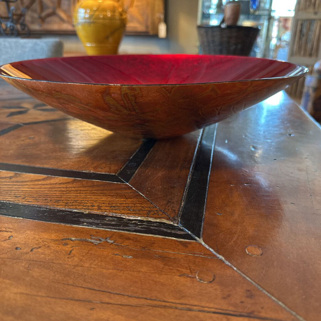 Italian Red & Amber Glass Bowl W/ Fern Detail - 17X4