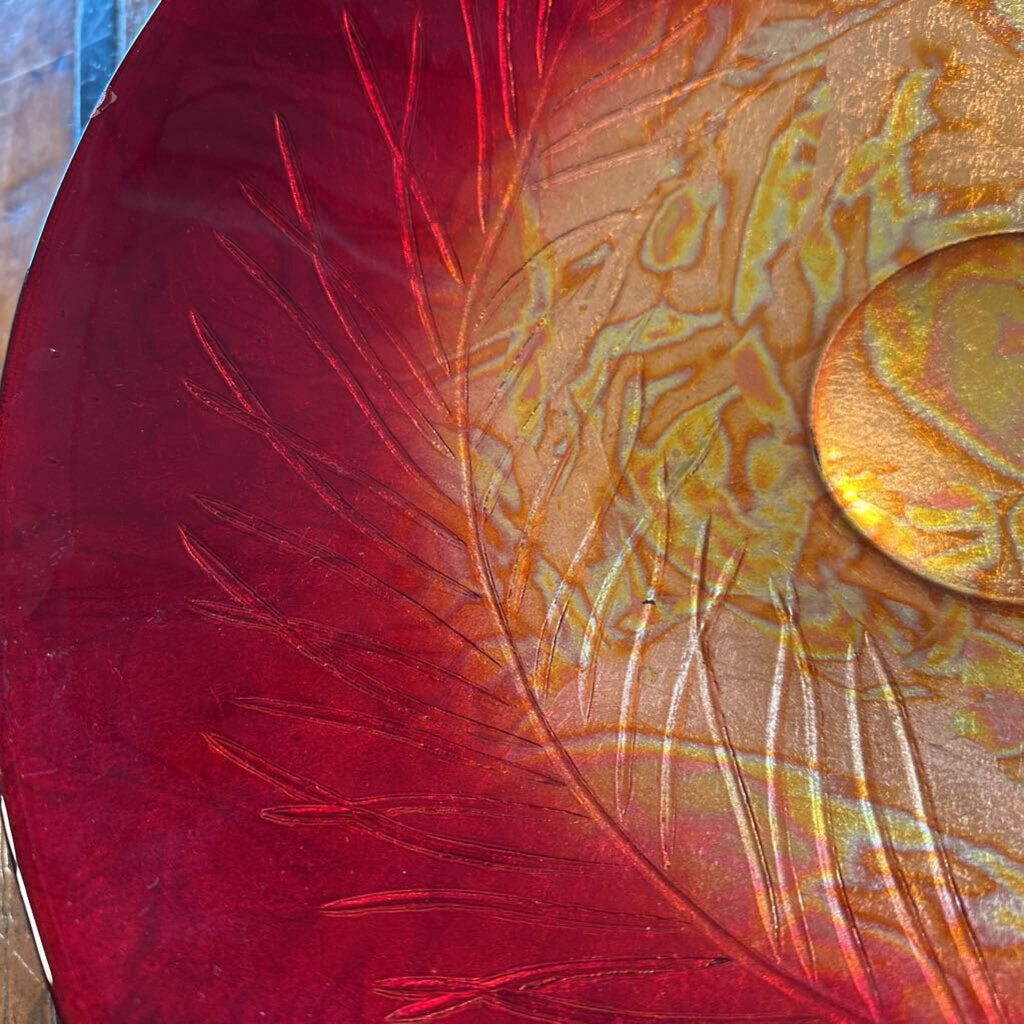Italian Red & Amber Glass Bowl W/ Fern Detail - 17X4