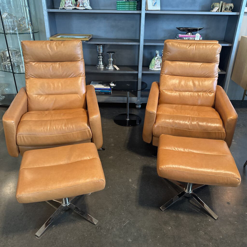 Am. Leather Swivel Chairs & Ottoman - Pair - 38X28X36.5H -AS IS