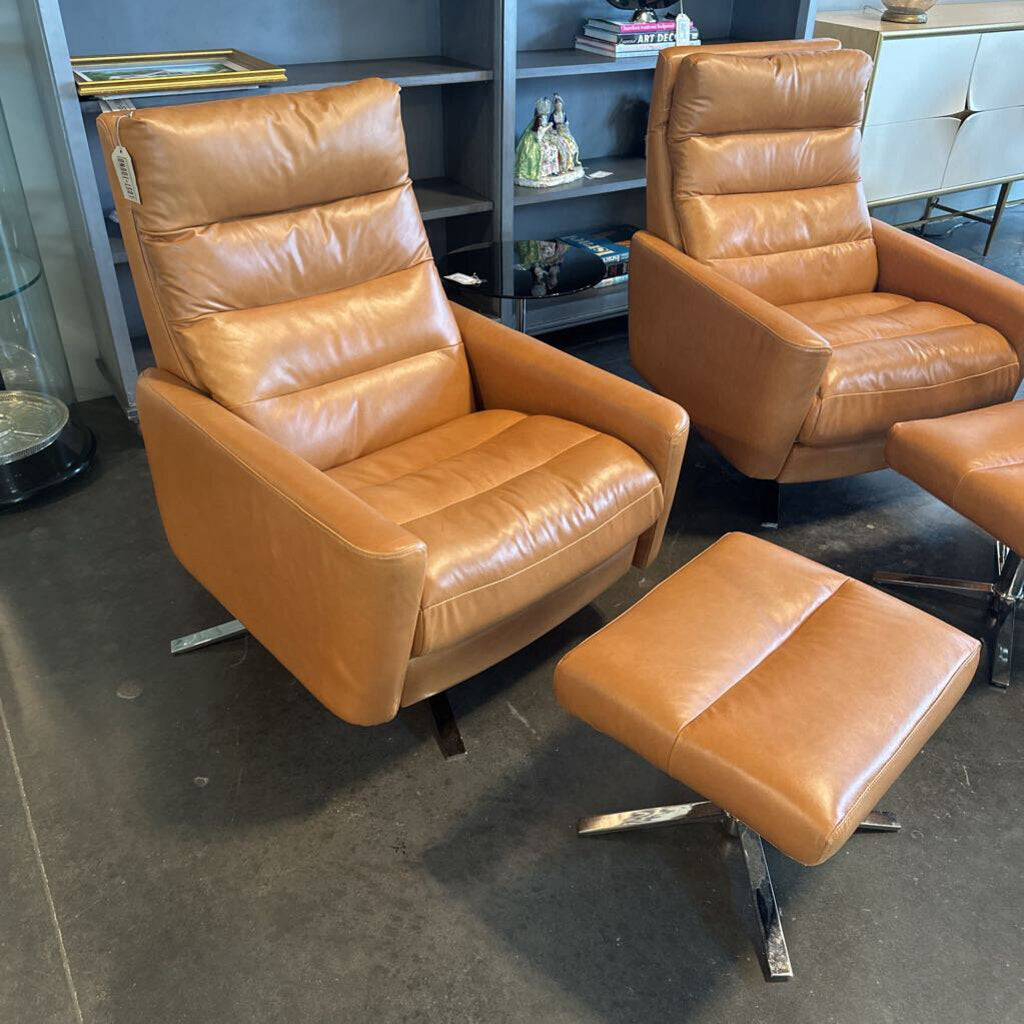 Am. Leather Swivel Chairs & Ottoman - Pair - 38X28X36.5H -AS IS