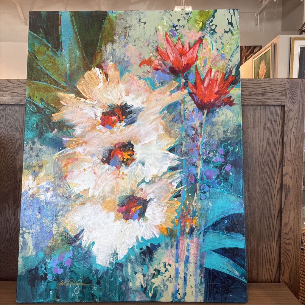 Original Teal W/White Flowers By Jack Rickard - 36X48