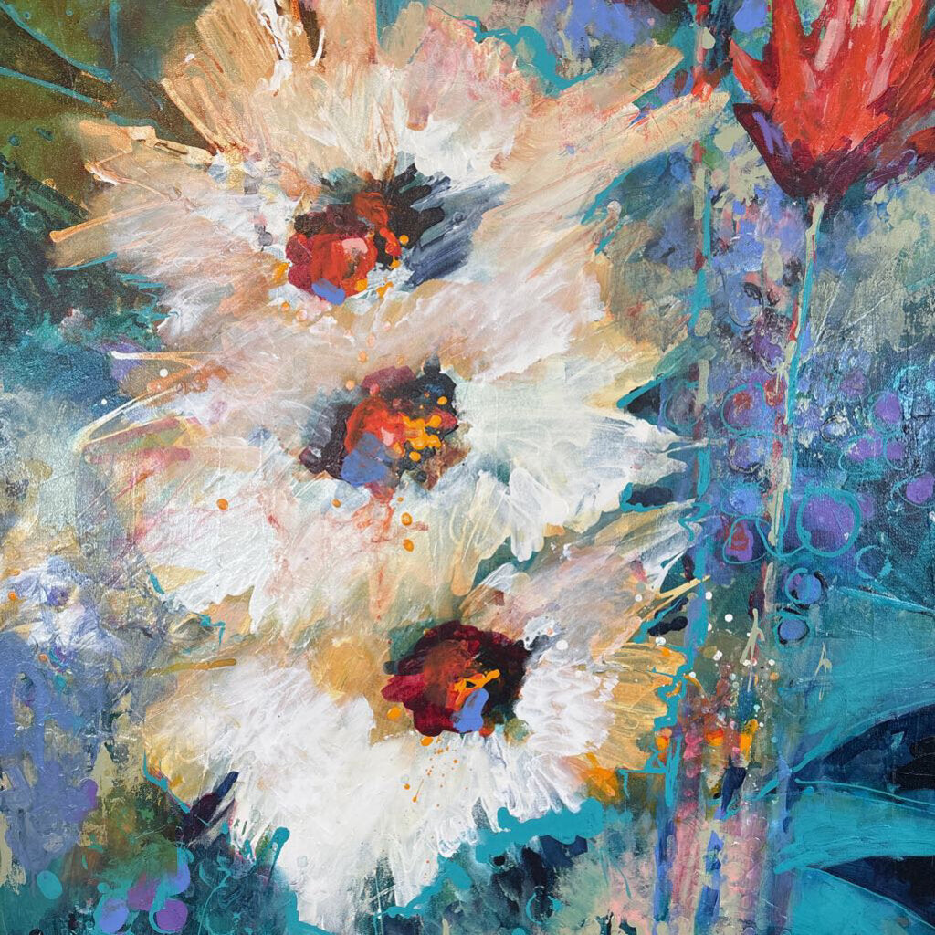 Original Teal W/White Flowers By Jack Rickard - 36X48