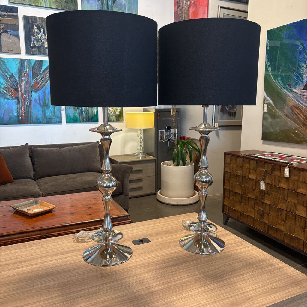 Tall "Silver" Table Lamps W/ Black Shades- Pair- 17.5X40H