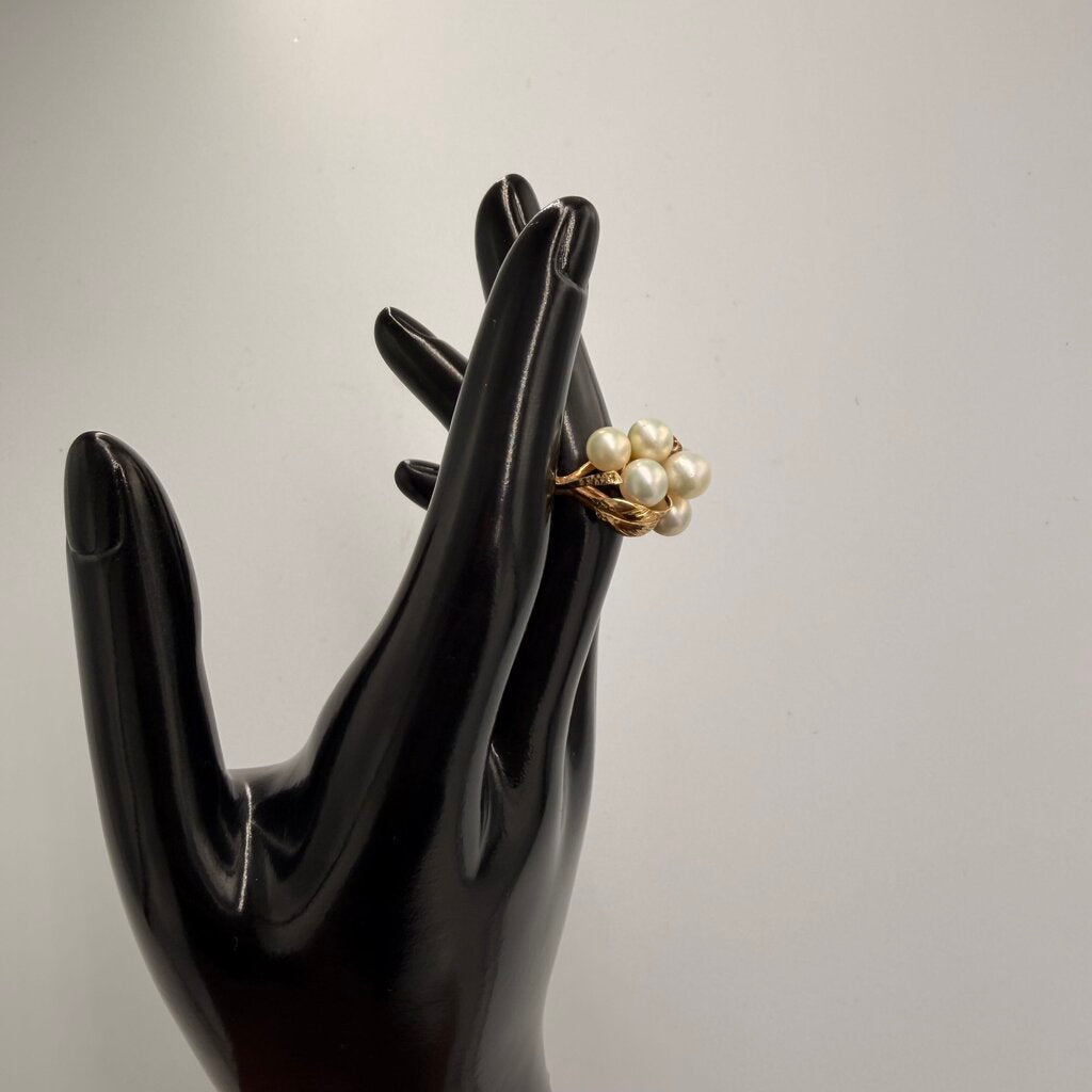 Vintage Ming's of Honolulu 14K Yellow Gold Pearl Cluster Cocktail Ring, Size 6