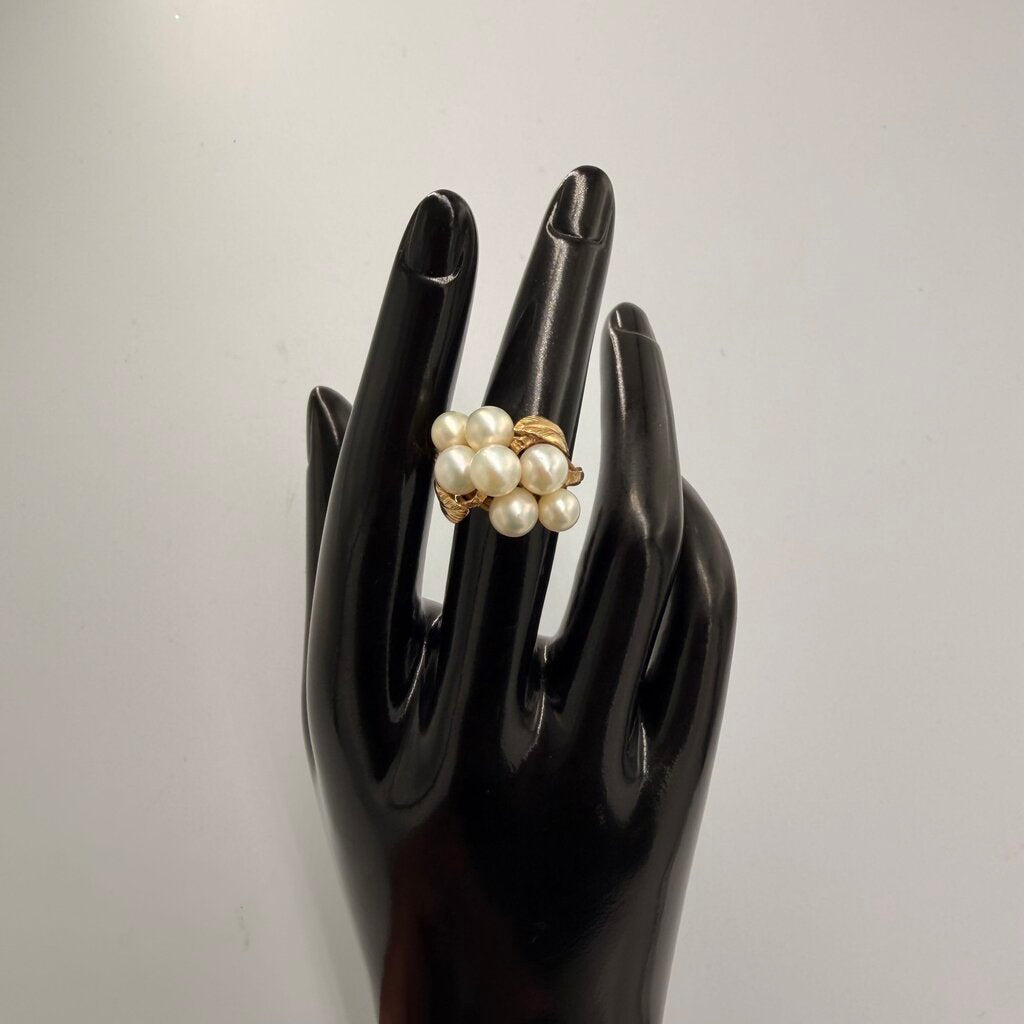 Vintage Ming's of Honolulu 14K Yellow Gold Pearl Cluster Cocktail Ring, Size 6