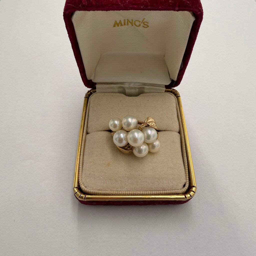 Vintage Ming's of Honolulu 14K Yellow Gold Pearl Cluster Cocktail Ring, Size 6