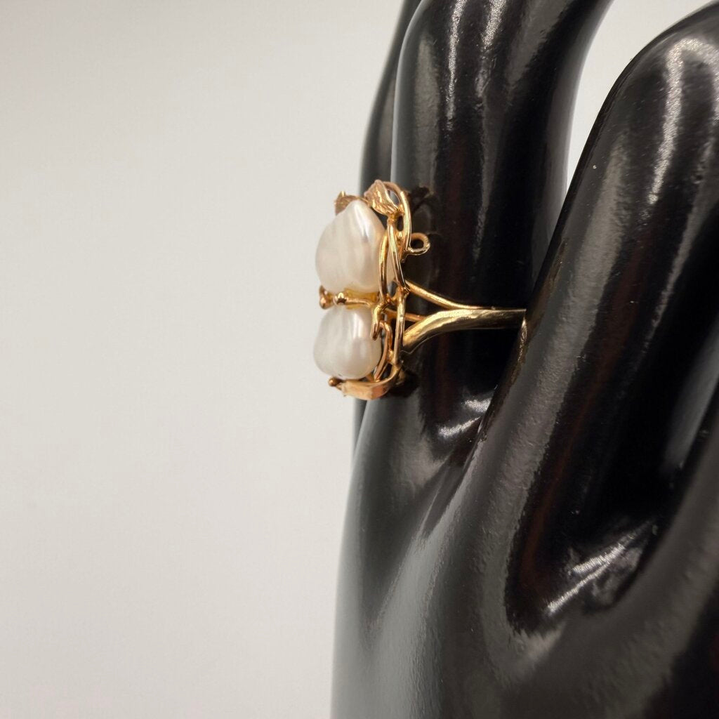 14k Gold Biwa Pearl Twin Cocktail Ring Size 7.5