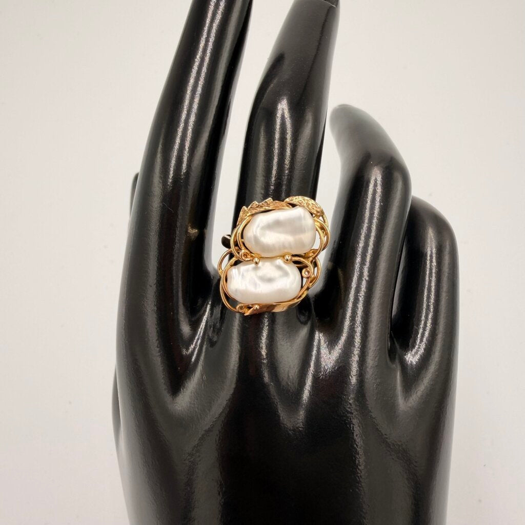 14k Gold Biwa Pearl Twin Cocktail Ring Size 7.5