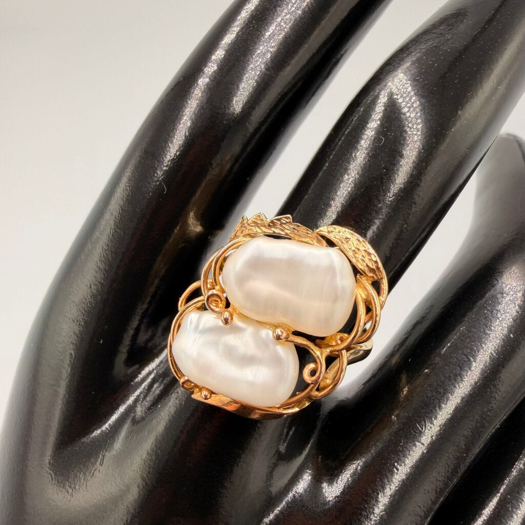 14k Gold Biwa Pearl Twin Cocktail Ring Size 7.5