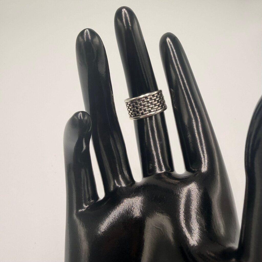 Vintage Silver Tone Basketweave Wide Band Ring Size 6