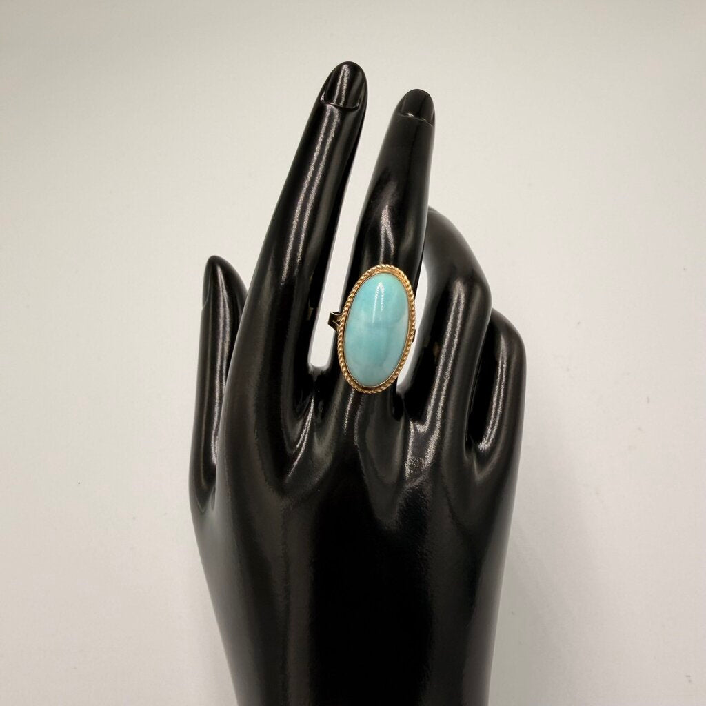 14k Gold Larimar Cabochon Ring Size 7.5