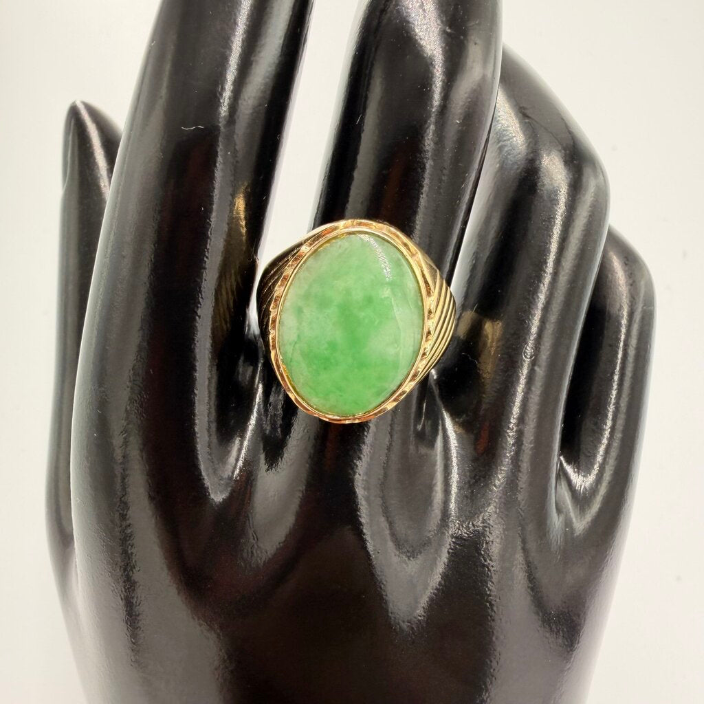 14k Gold Green Jadeite Jade Cocktail Ring Size 9