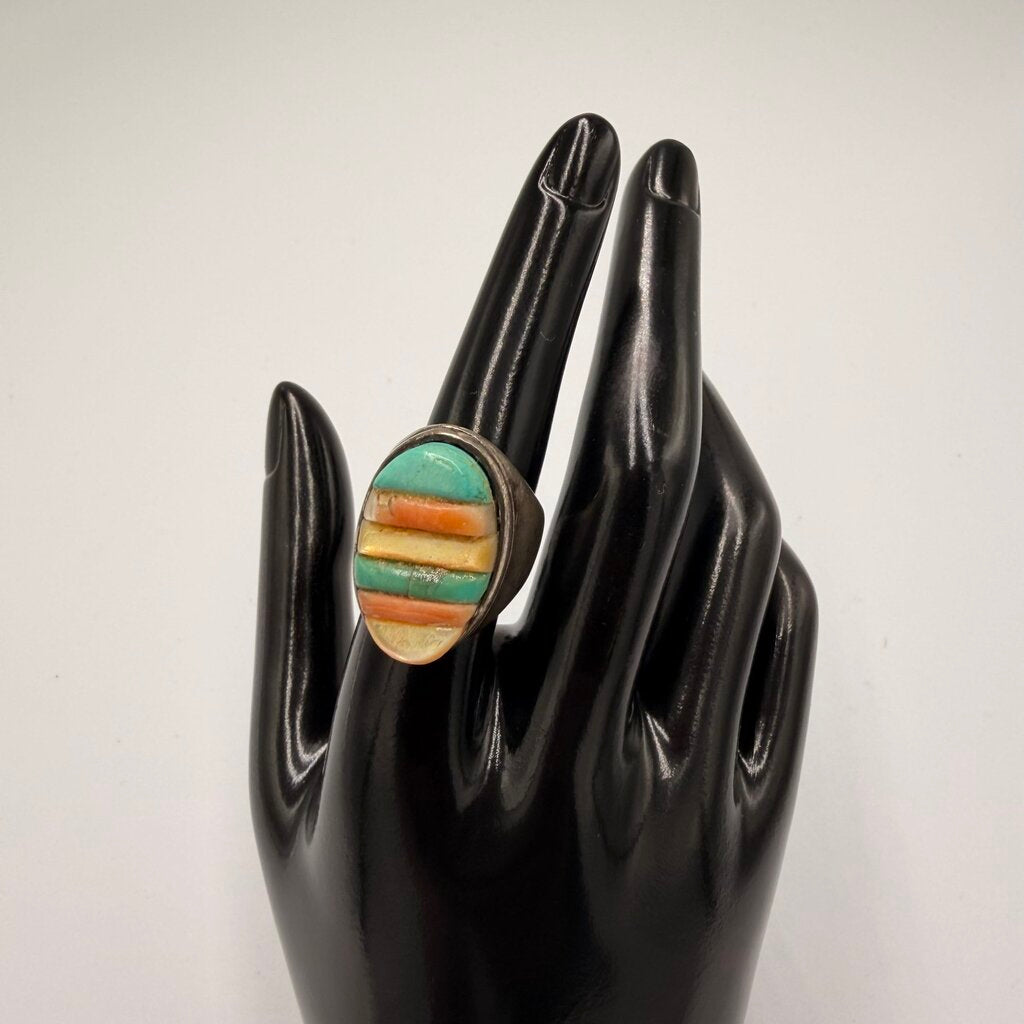 Vintage Sterling Silver Multi Stone Inlay Ring Size 7