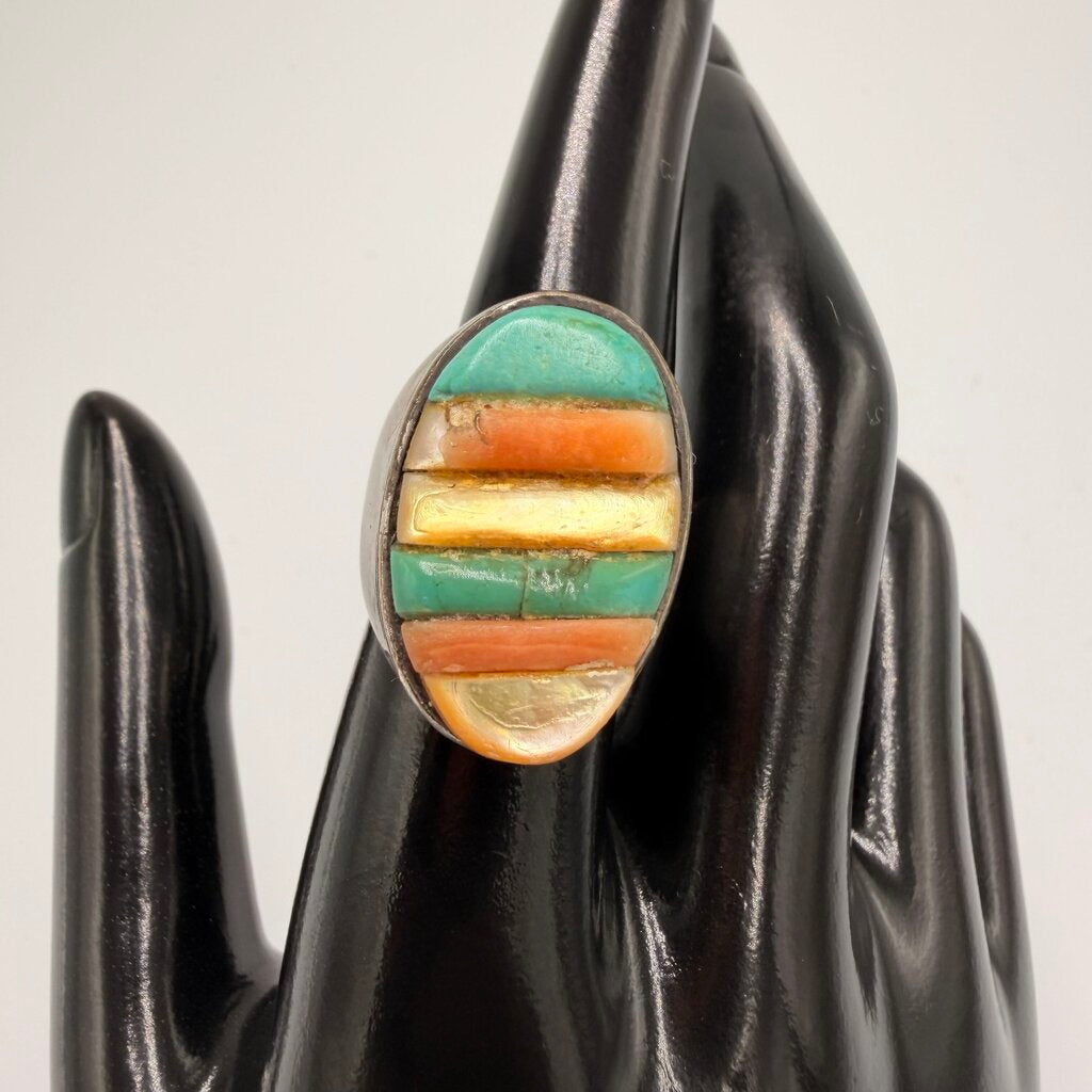 Vintage Sterling Silver Multi Stone Inlay Ring Size 7