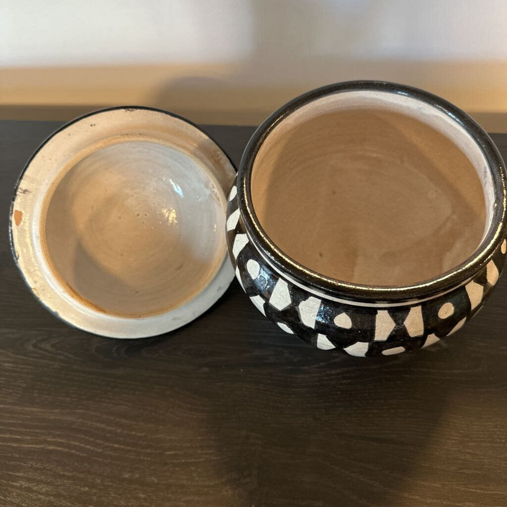 Black & White Ceramic Pot W/ Lid- 6.5X8.5
