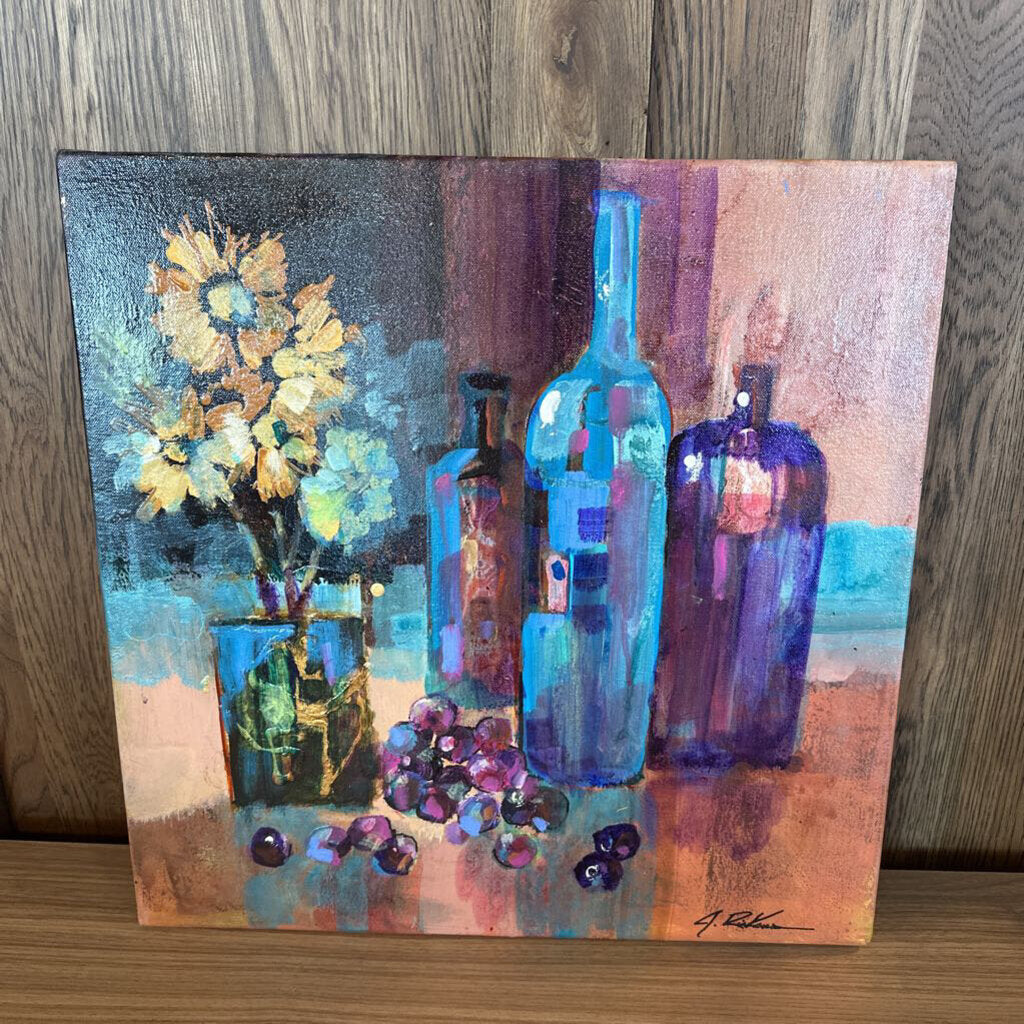 Original 3 Bottle Art W/Flowers By Jack Rickard - 20X20