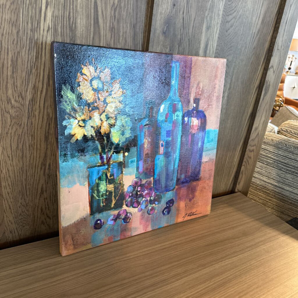 Original 3 Bottle Art W/Flowers By Jack Rickard - 20X20
