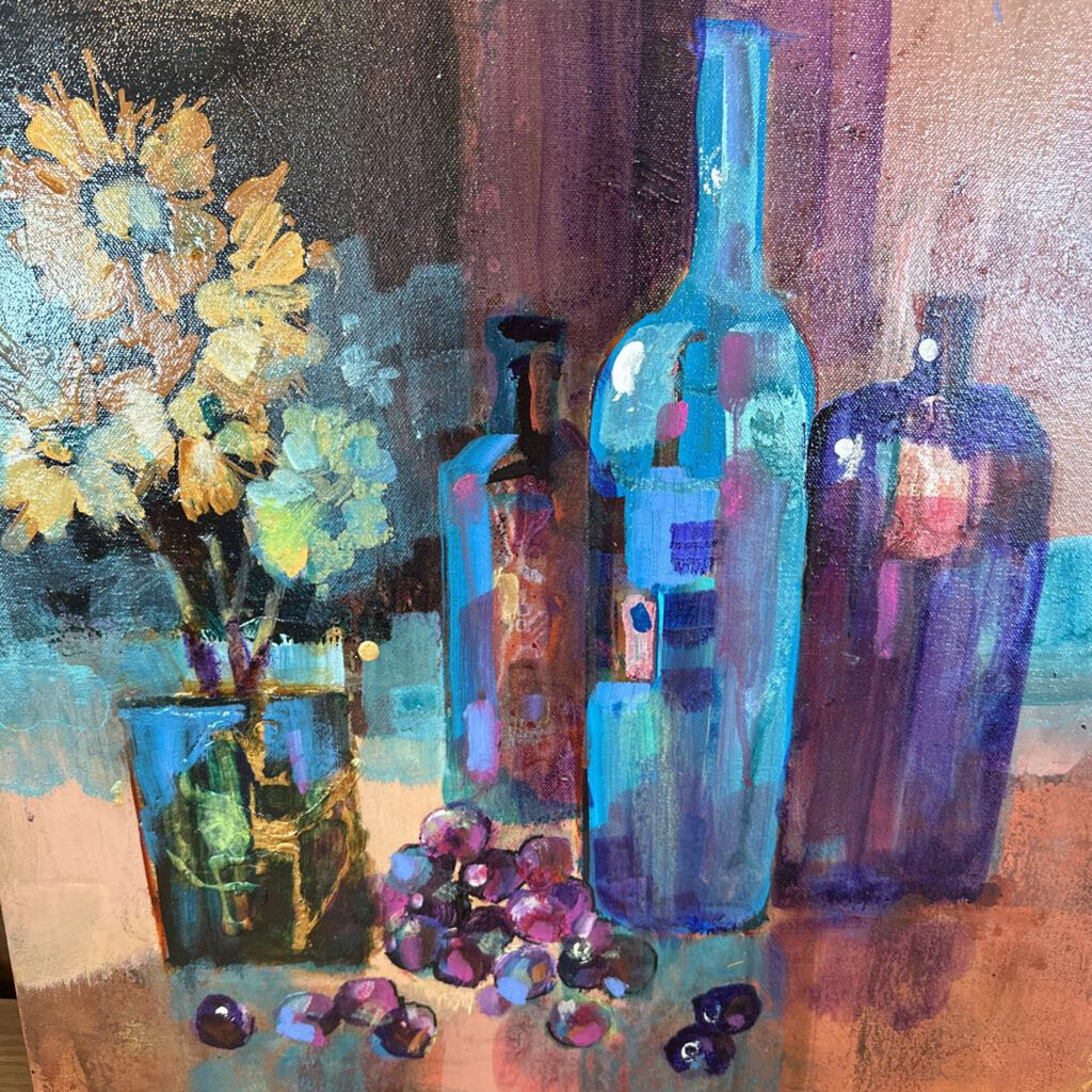 Original 3 Bottle Art W/Flowers By Jack Rickard - 20X20