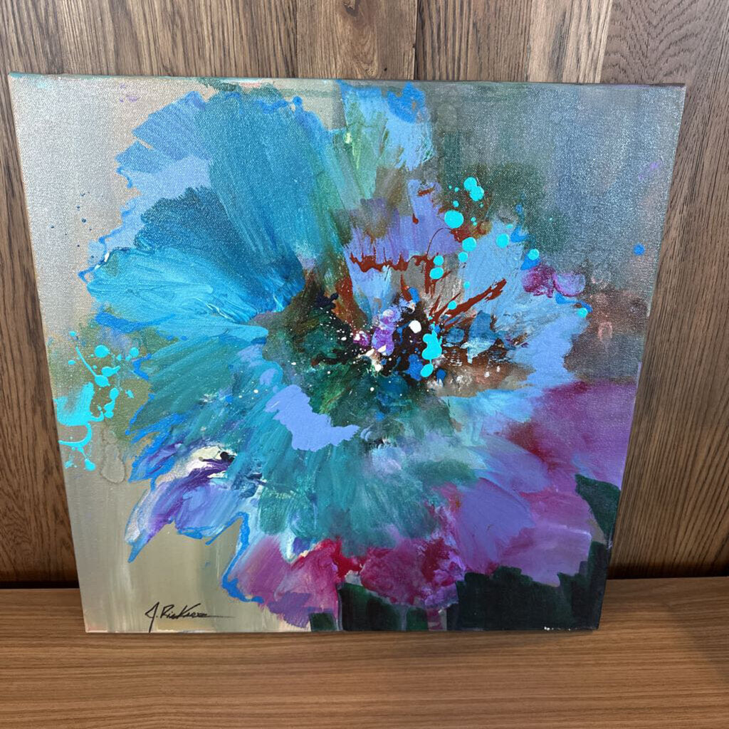 Original Abstract Teal Flower Splash By Jack Rickard - 20X20