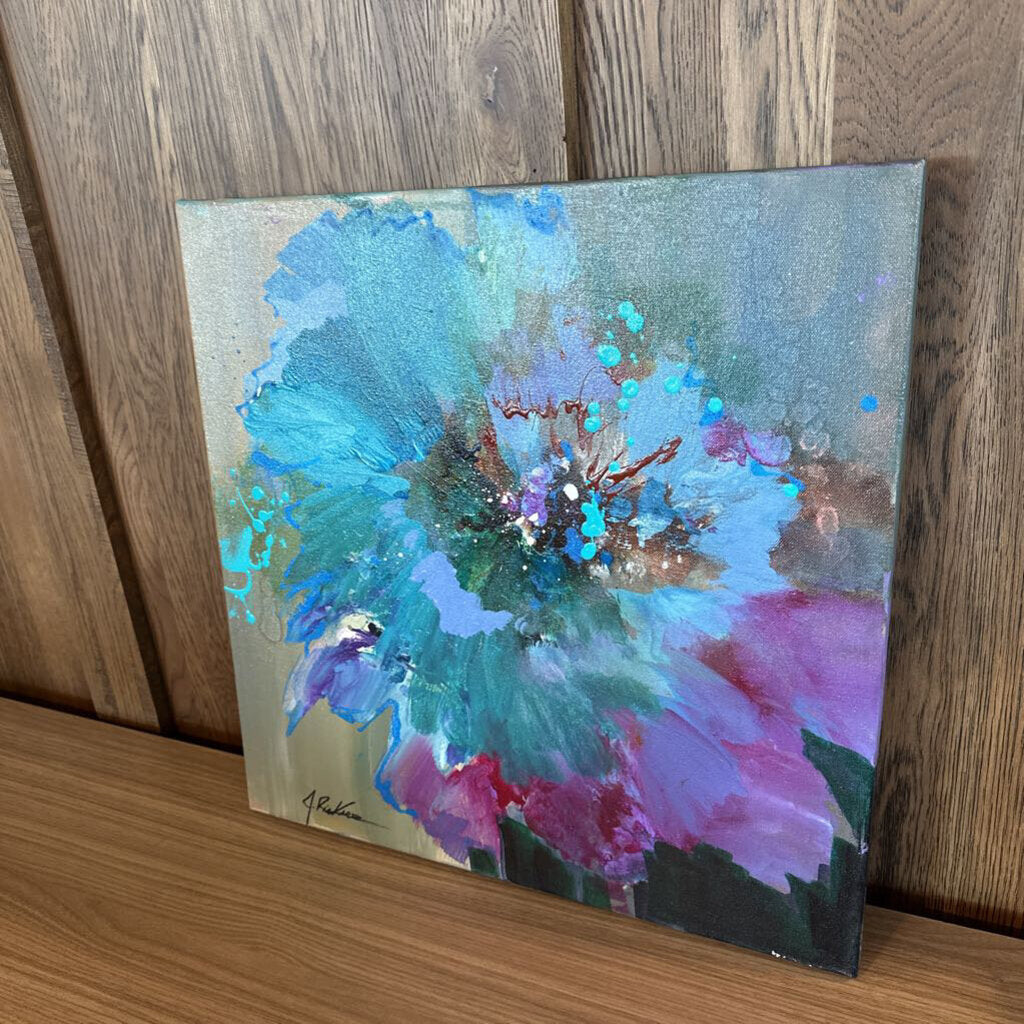 Original Abstract Teal Flower Splash By Jack Rickard - 20X20
