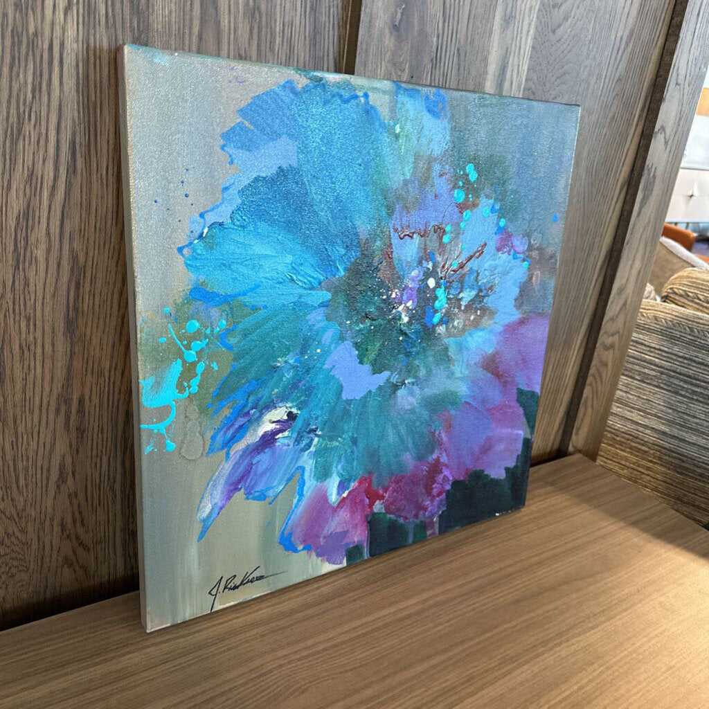 Original Abstract Teal Flower Splash By Jack Rickard - 20X20