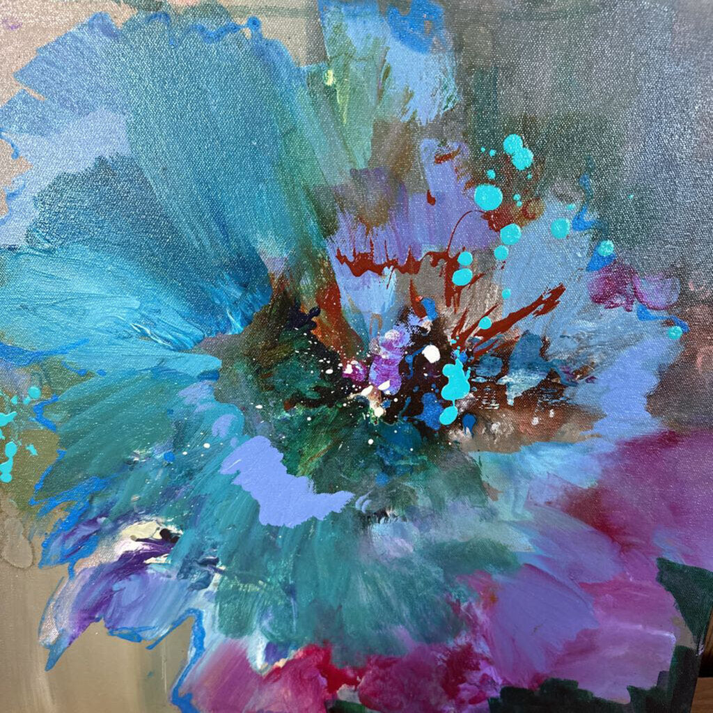 Original Abstract Teal Flower Splash By Jack Rickard - 20X20
