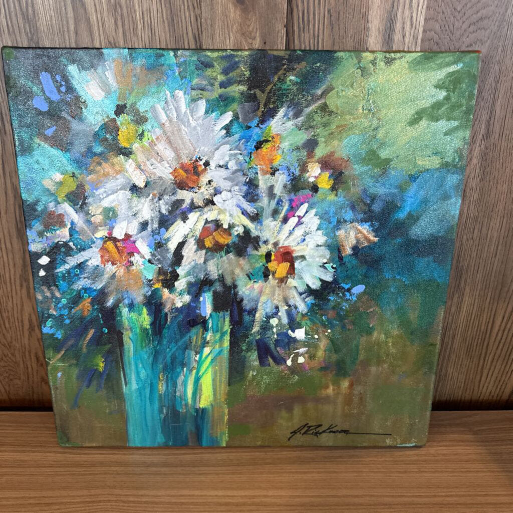 Original Daisies in Teal Vase By Jack Rickard - 20X20