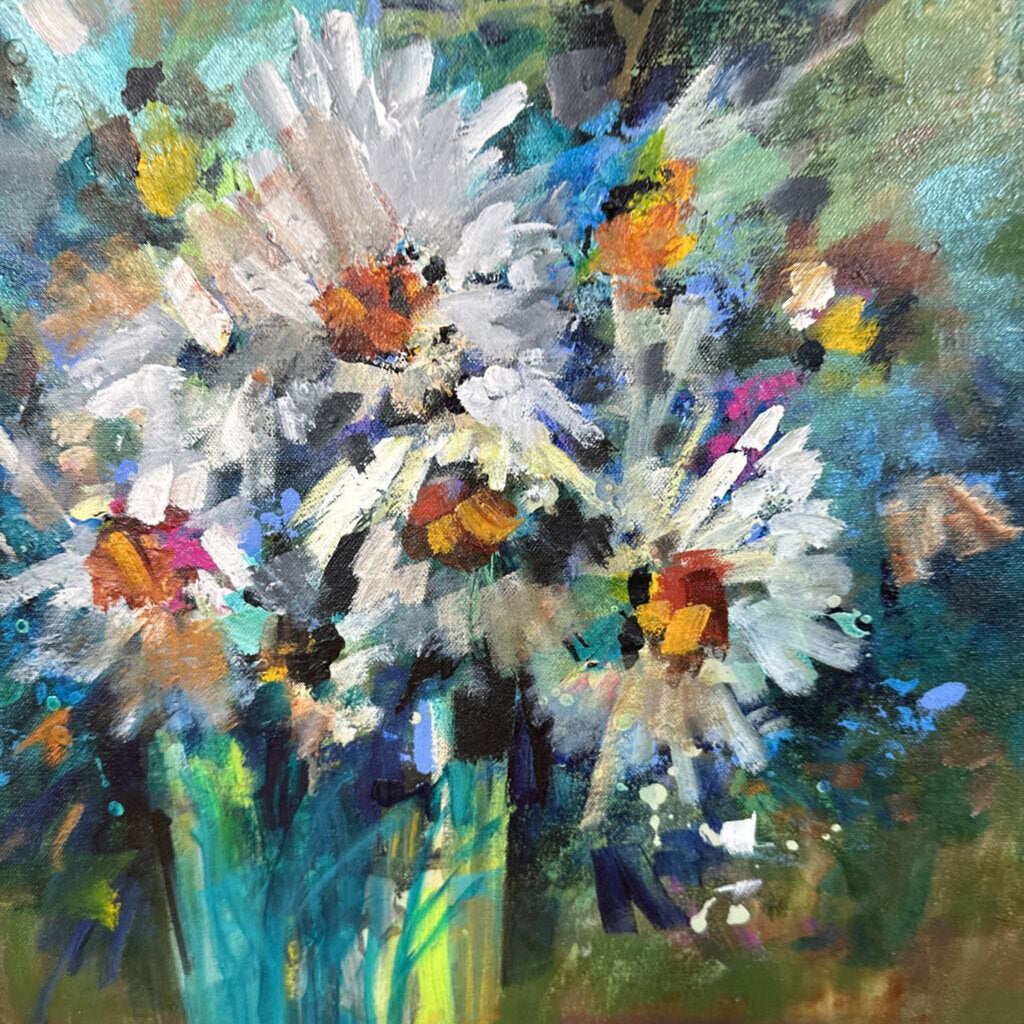 Original Daisies in Teal Vase By Jack Rickard - 20X20