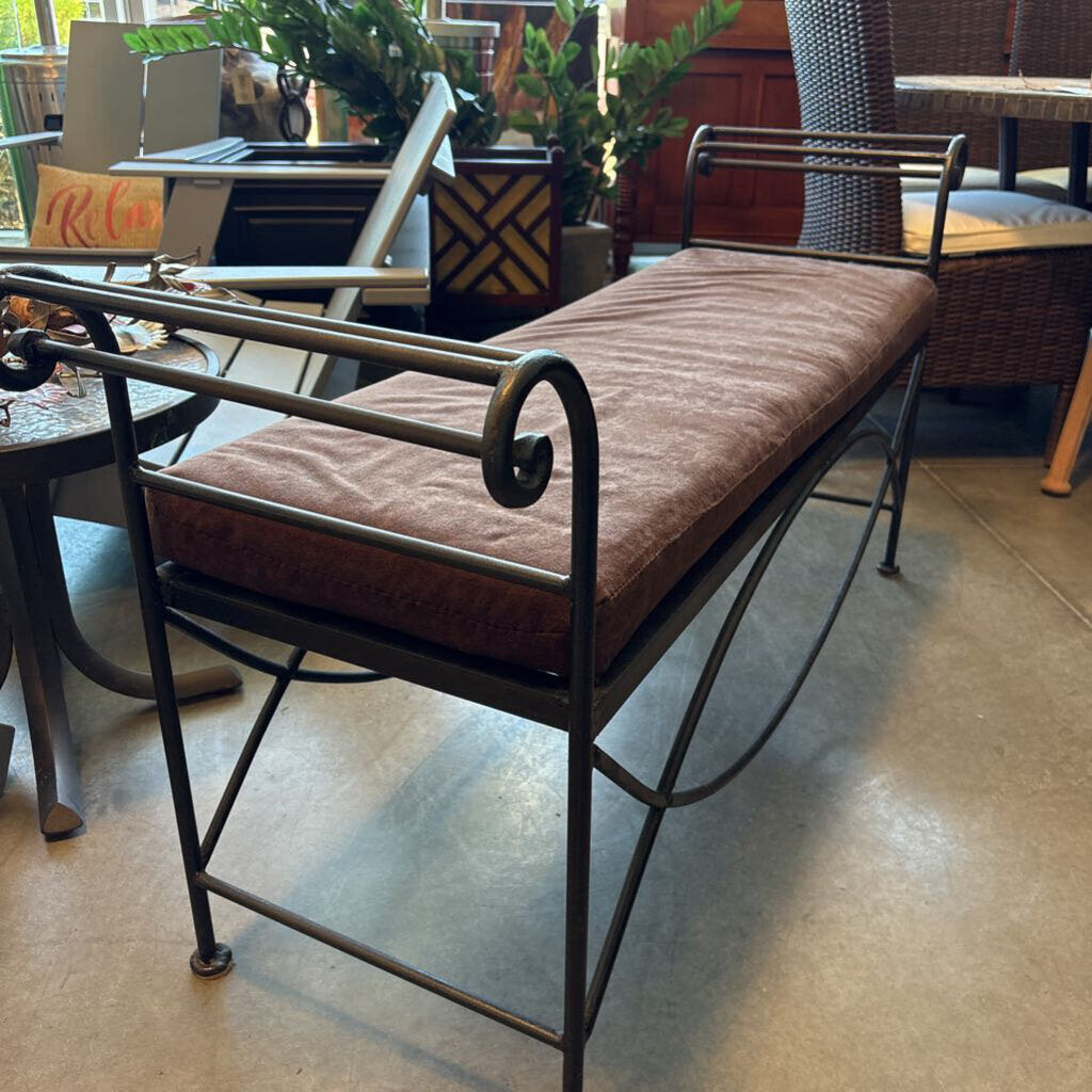 Curved Iron Bench W/ Brown Cushion- 53.5X16X27H