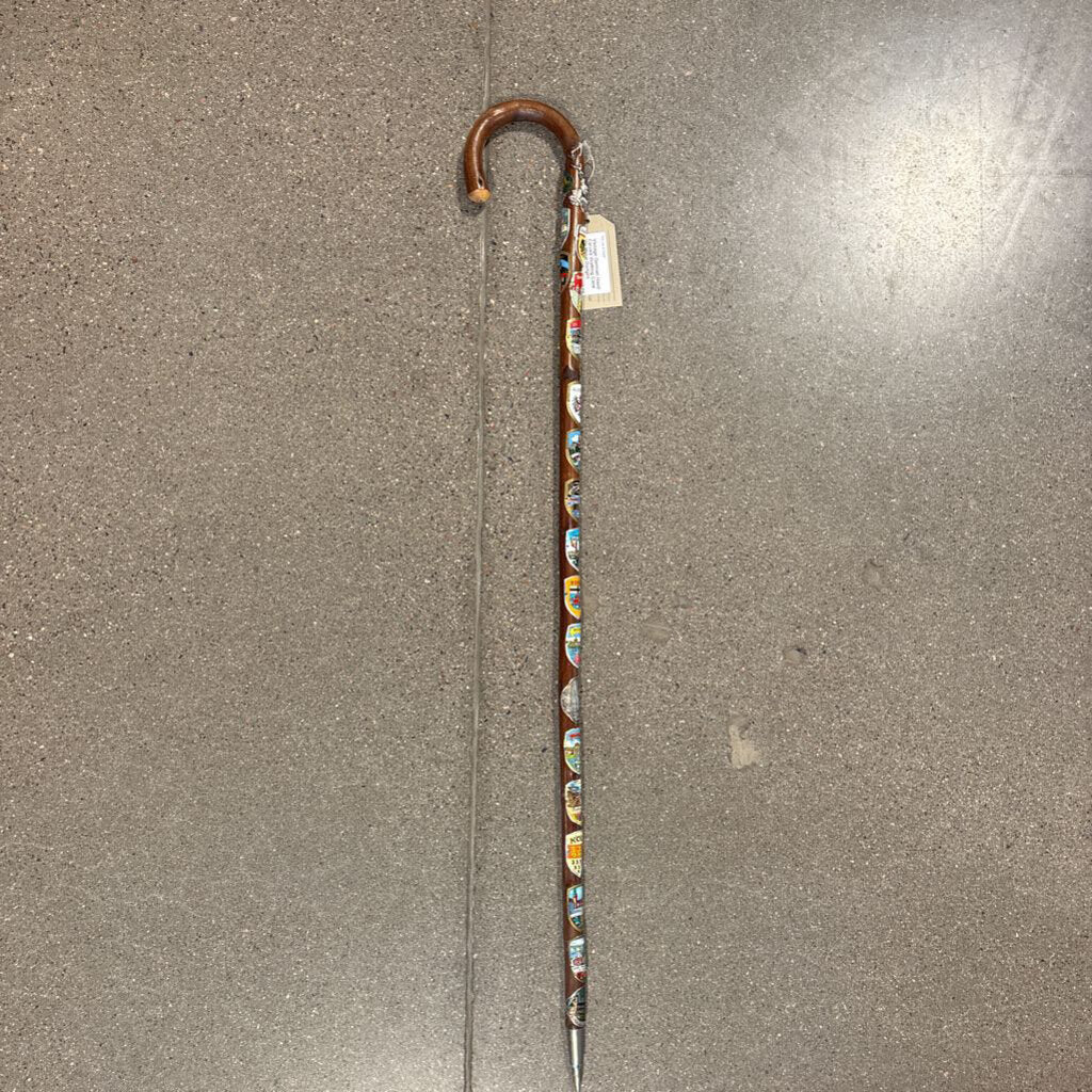 Vintage German Hand Carved Walking Cane W/ Metal Badges - 4.5X1X35H
