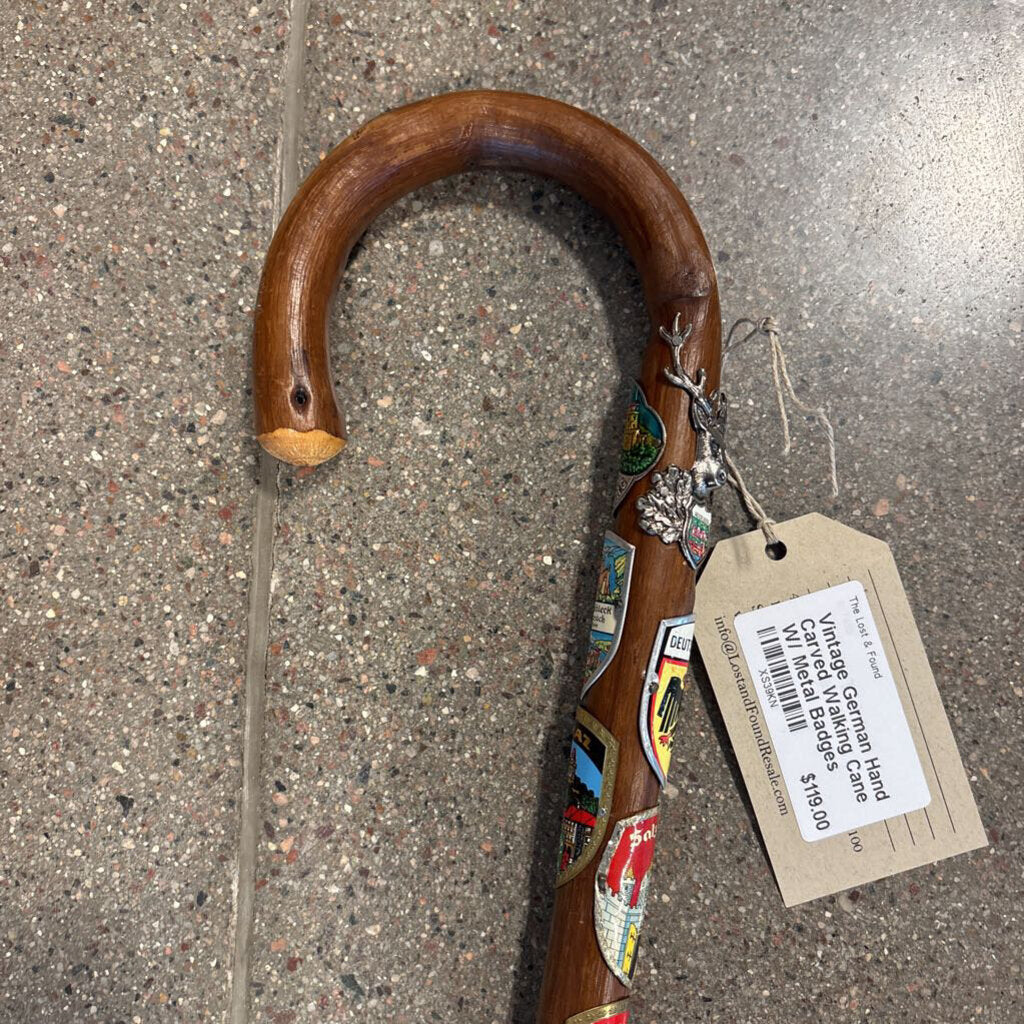 Vintage German Hand Carved Walking Cane W/ Metal Badges - 4.5X1X35H
