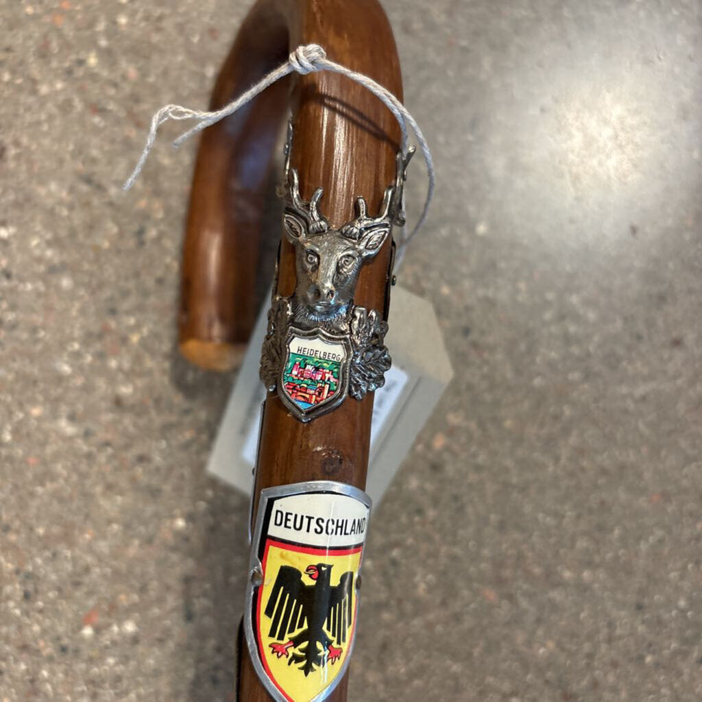 Vintage German Hand Carved Walking Cane W/ Metal Badges - 4.5X1X35H