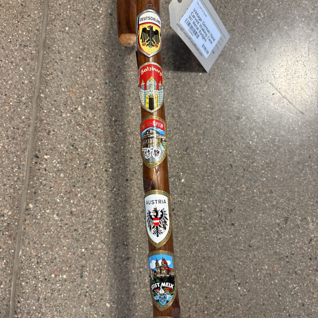 Vintage German Hand Carved Walking Cane W/ Metal Badges - 4.5X1X35H