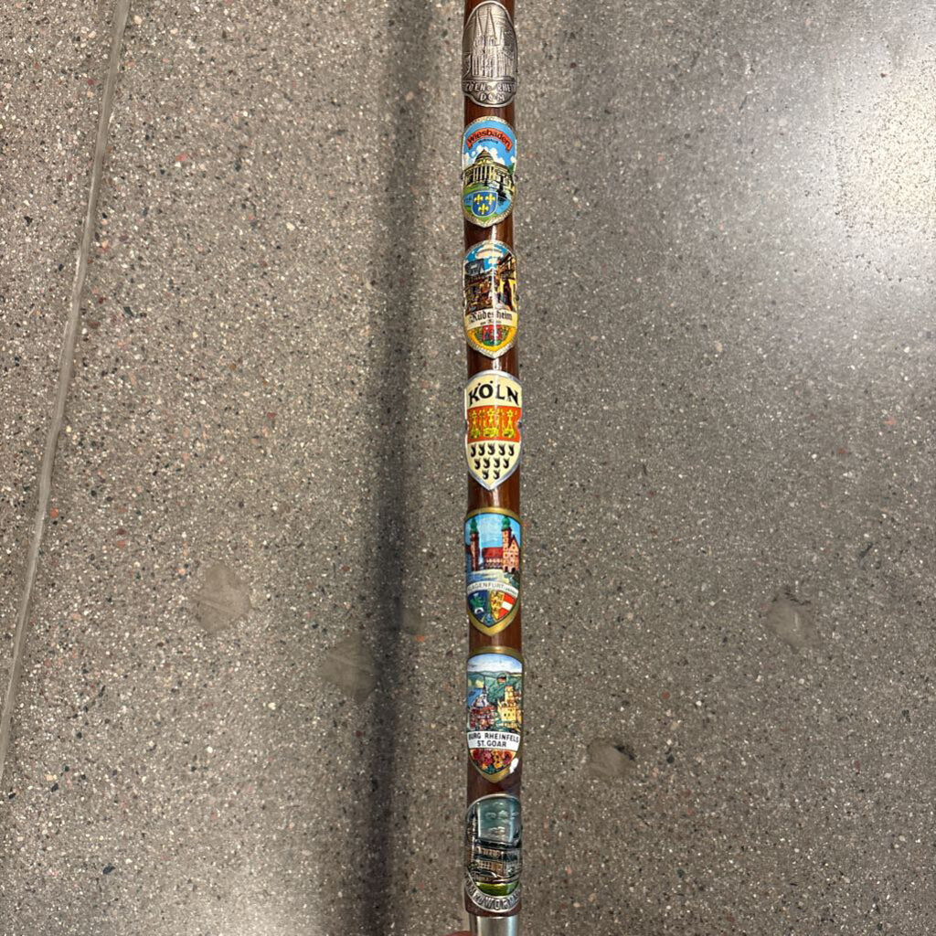 Vintage German Hand Carved Walking Cane W/ Metal Badges - 4.5X1X35H
