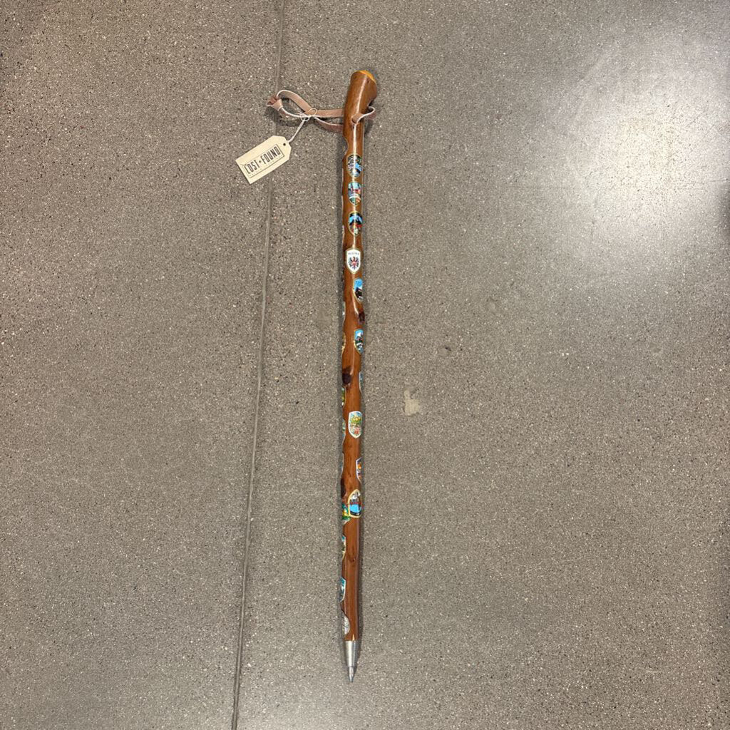 Vintage German Hand Carved Walking Stick W/ Metal Badges - 2X2X37H