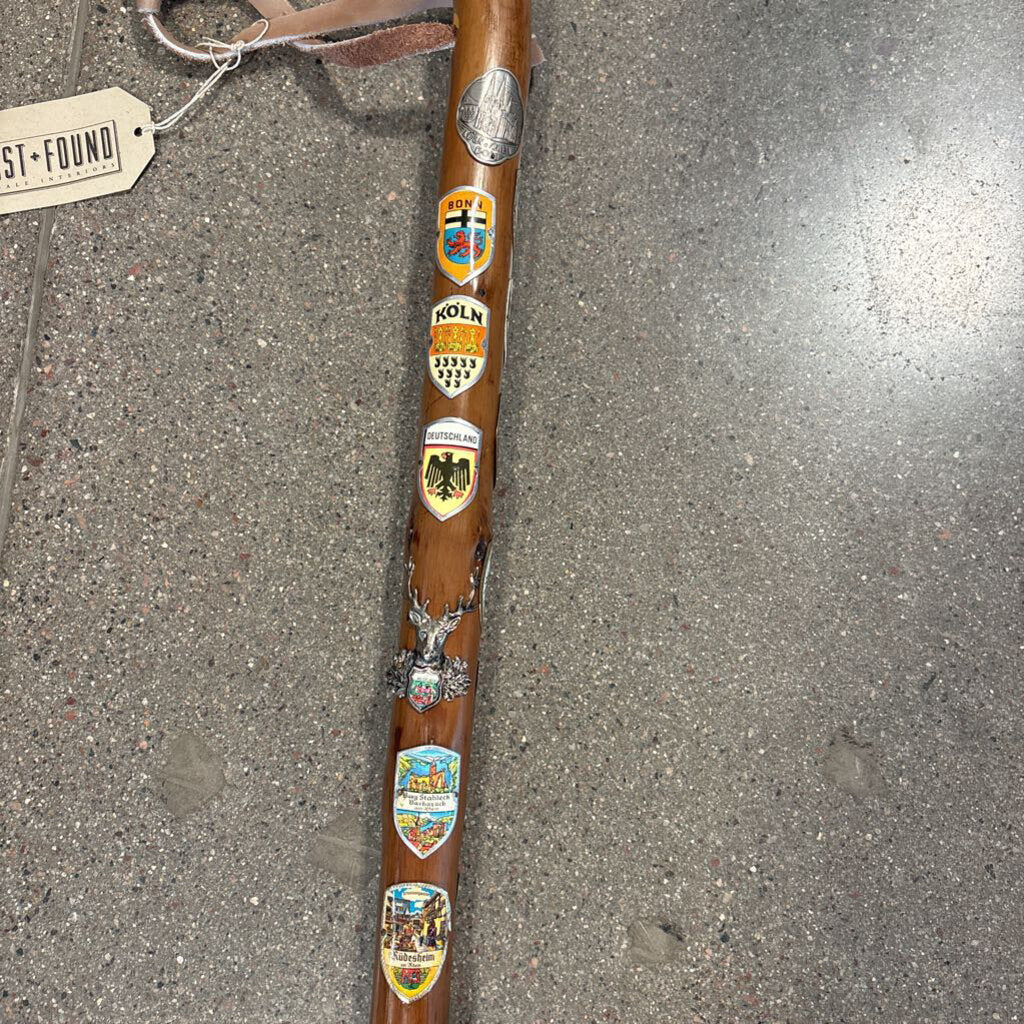 Vintage German Hand Carved Walking Stick W/ Metal Badges - 2X2X37H