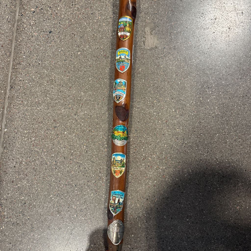 Vintage German Hand Carved Walking Stick W/ Metal Badges - 2X2X37H