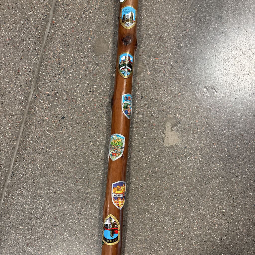 Vintage German Hand Carved Walking Stick W/ Metal Badges - 2X2X37H