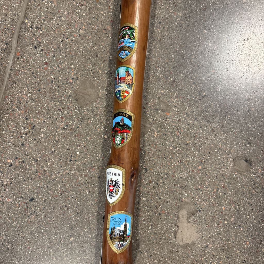 Vintage German Hand Carved Walking Stick W/ Metal Badges - 2X2X37H